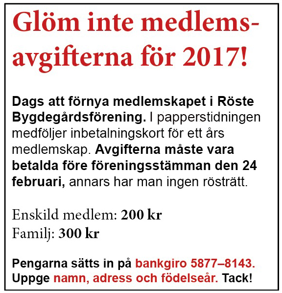 Röste.nu – Bygdens Nytt nr 1 2017 – Annons fför medlemsavgifter