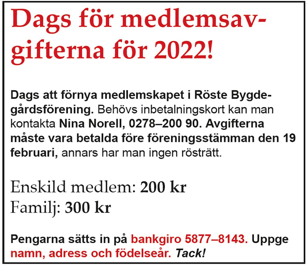 Röste.nu – Bygdens Nytt nr 1 2022 – Dags för medlemsavgifterna