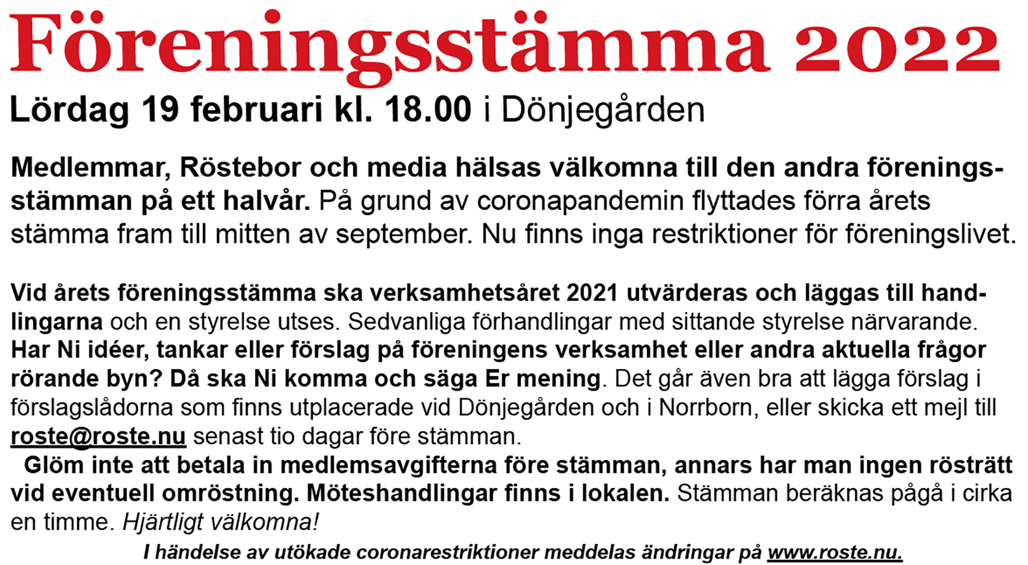Röste.nu – Bygdens Nytt nr 1 2022 – Det händer i Röste – Föreningsstämma i Dönjegården