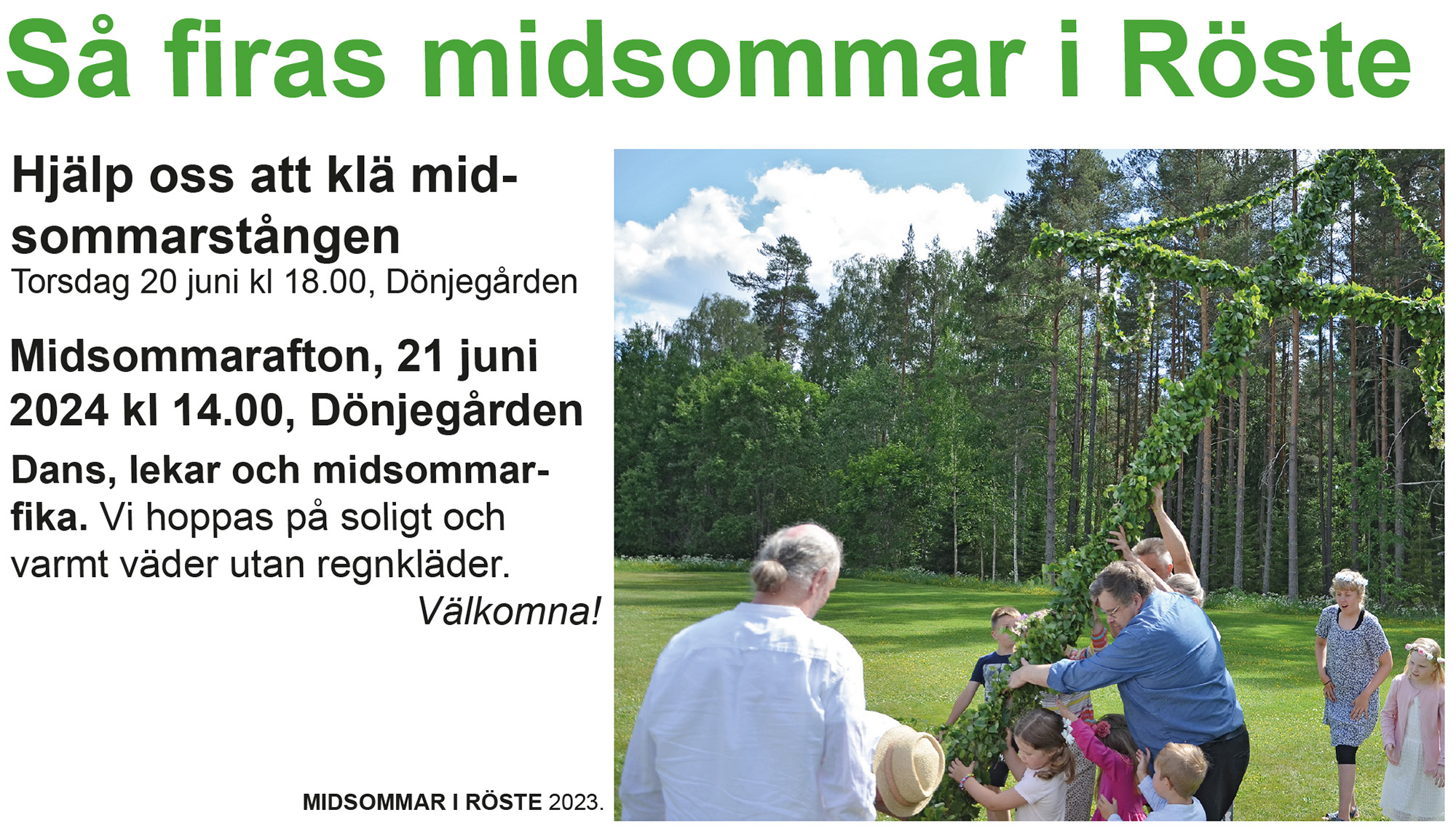 Röste.nu – Bygdens Nytt nr 2 2024 – Det händer i Röste – Annons för midsommarfirande vid Dönjegården 2024