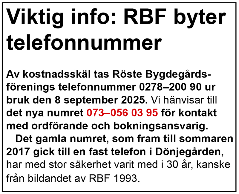 Röste.nu – Bygdens Nytt nr 3 2025 – Viktig info – RBF byter telefonnummer